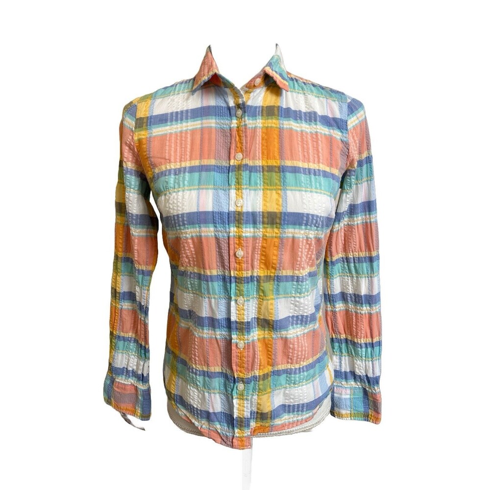 J. Crew Women's XXS Seersucker Button Down Shirt Pastel Plaid Cotton Stretch